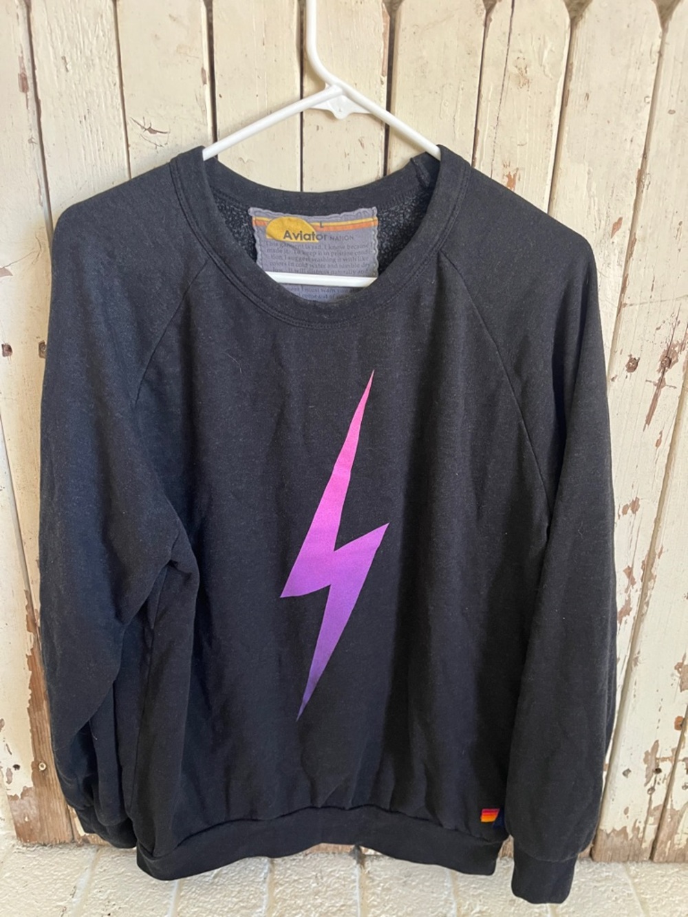 Aviator Nation Black Crewneck with Pink-Purple Lightning Bolt